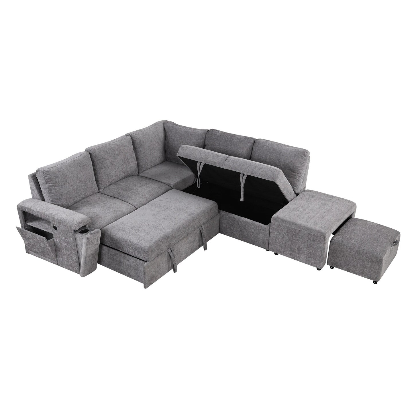 L-Shaped 5-Seat Sectional Sofa with Pull-Out Ottoman, Built-In Cup Holders, USB Charging Port and Removable Cushions