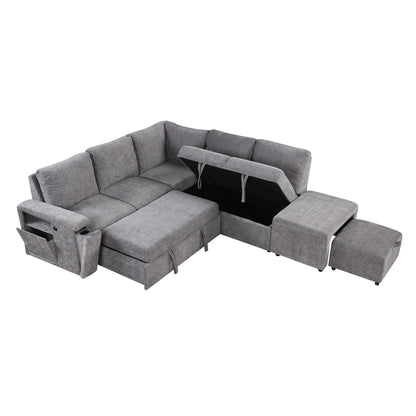 L-Shaped 5-Seat Sectional Sofa with Pull-Out Ottoman, Built-In Cup Holders, USB Charging Port and Removable Cushions
