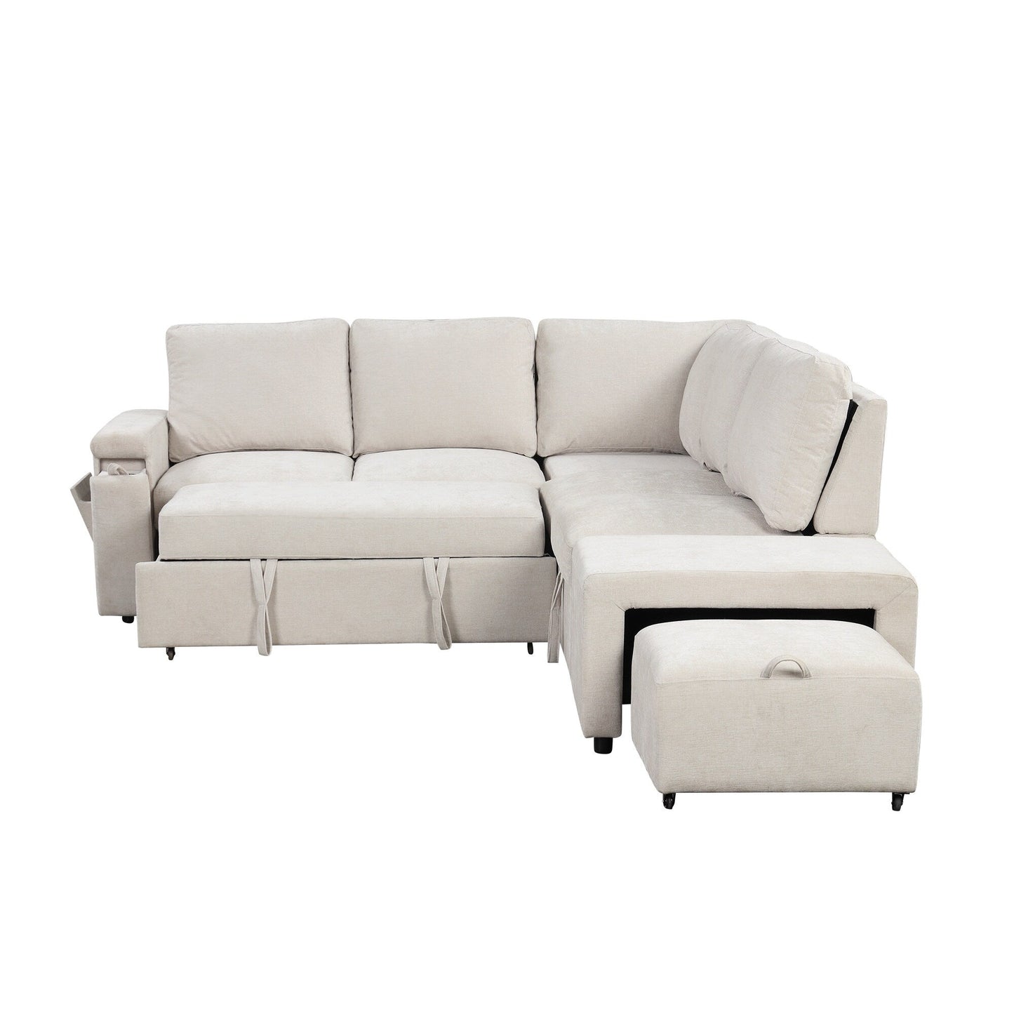 L-Shaped 5-Seat Sectional Sofa with Pull-Out Ottoman, Built-In Cup Holders, USB Charging Port and Removable Cushions