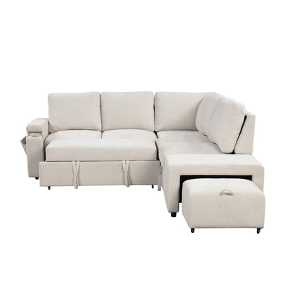 L-Shaped 5-Seat Sectional Sofa with Pull-Out Ottoman, Built-In Cup Holders, USB Charging Port and Removable Cushions