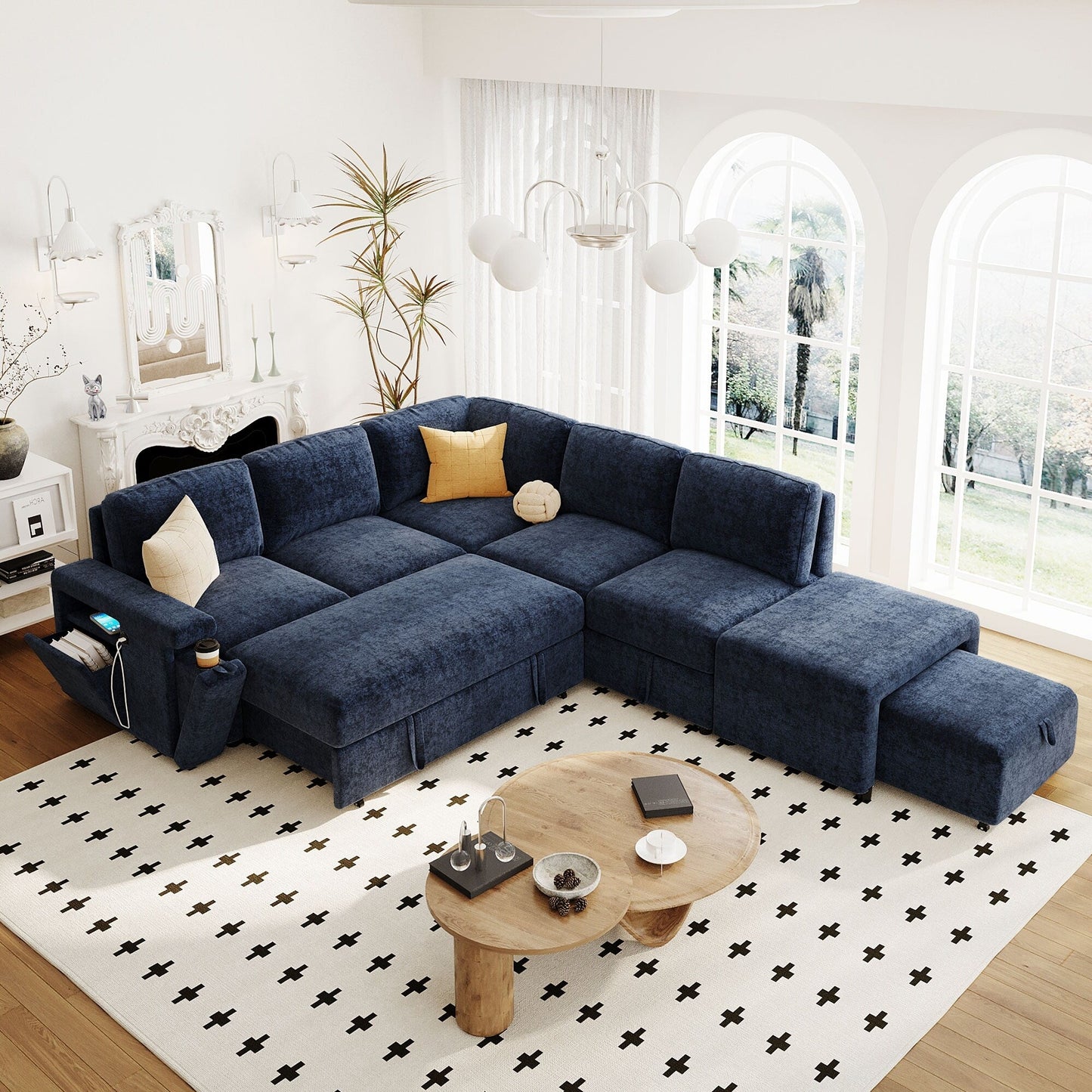 L-Shaped 5-Seat Sectional Sofa with Pull-Out Ottoman, Built-In Cup Holders, USB Charging Port and Removable Cushions