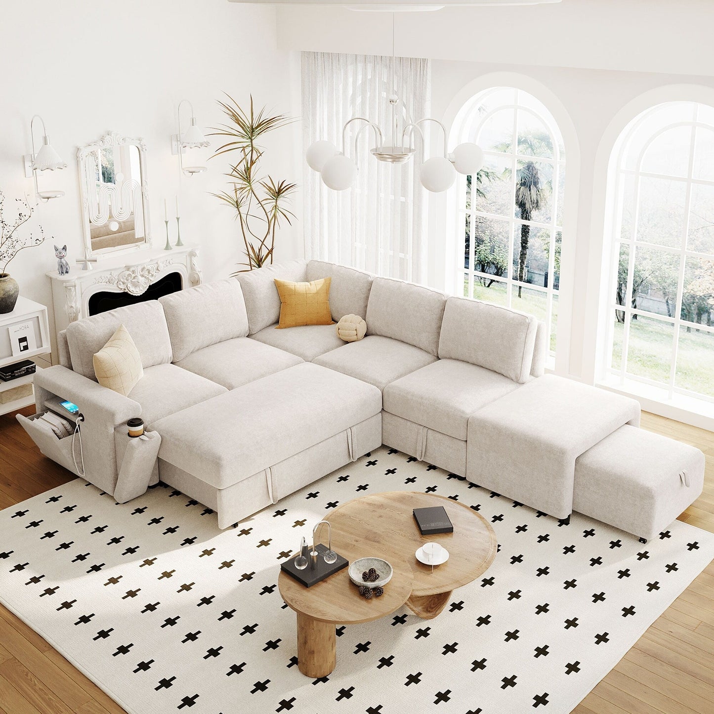 L-Shaped 5-Seat Sectional Sofa with Pull-Out Ottoman, Built-In Cup Holders, USB Charging Port and Removable Cushions