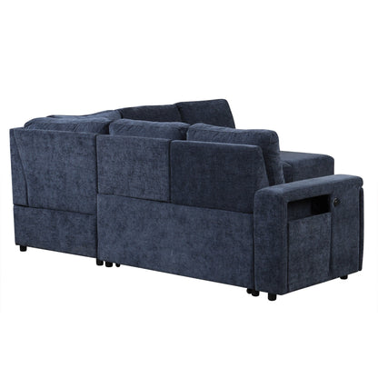 L-Shaped 5-Seat Sectional Sofa with Pull-Out Ottoman, Built-In Cup Holders, USB Charging Port and Removable Cushions