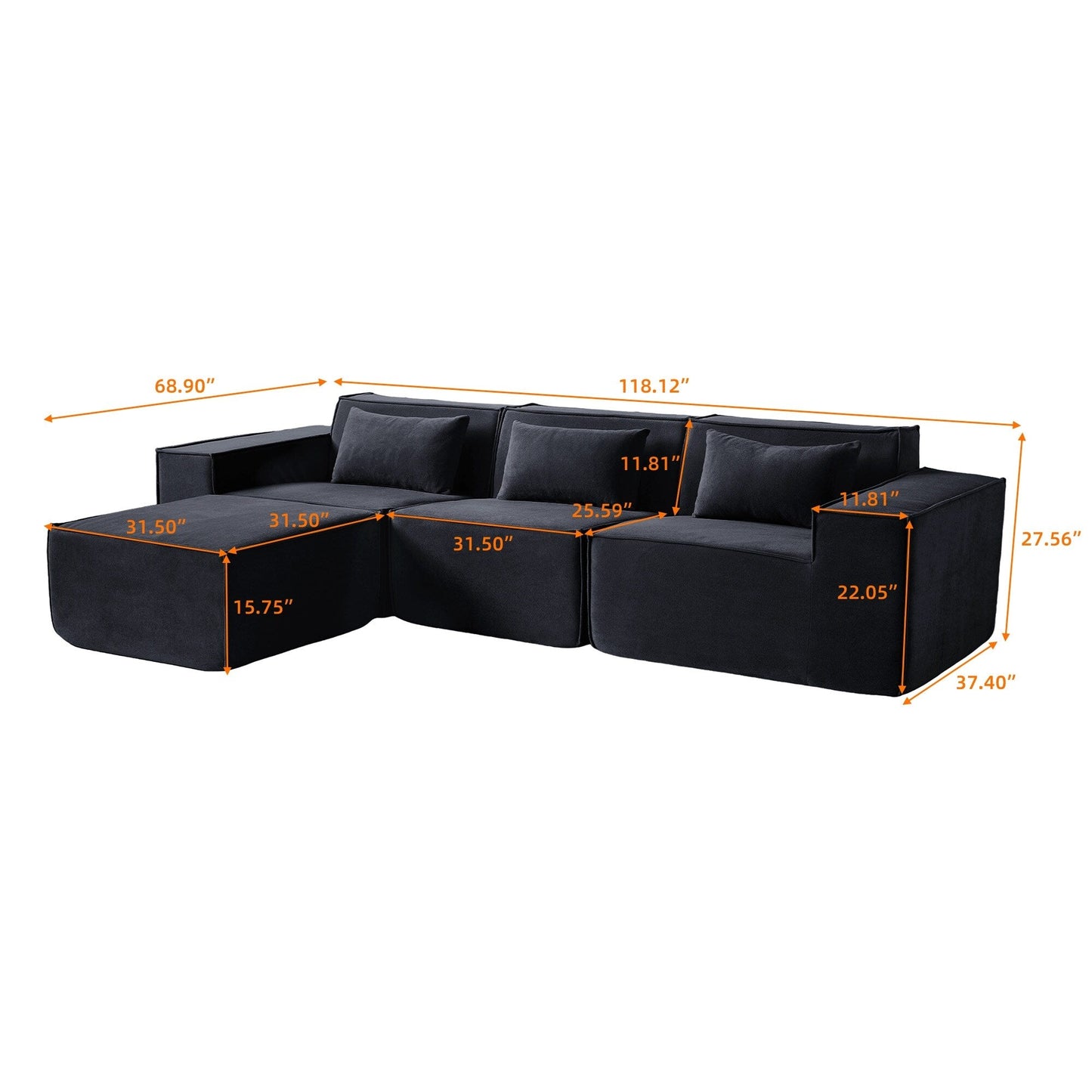 L-Shaped Cloud Sectional Couch, 118 Huge Plus Modular Corduroy Couches with Reversible Chaise Ottoman