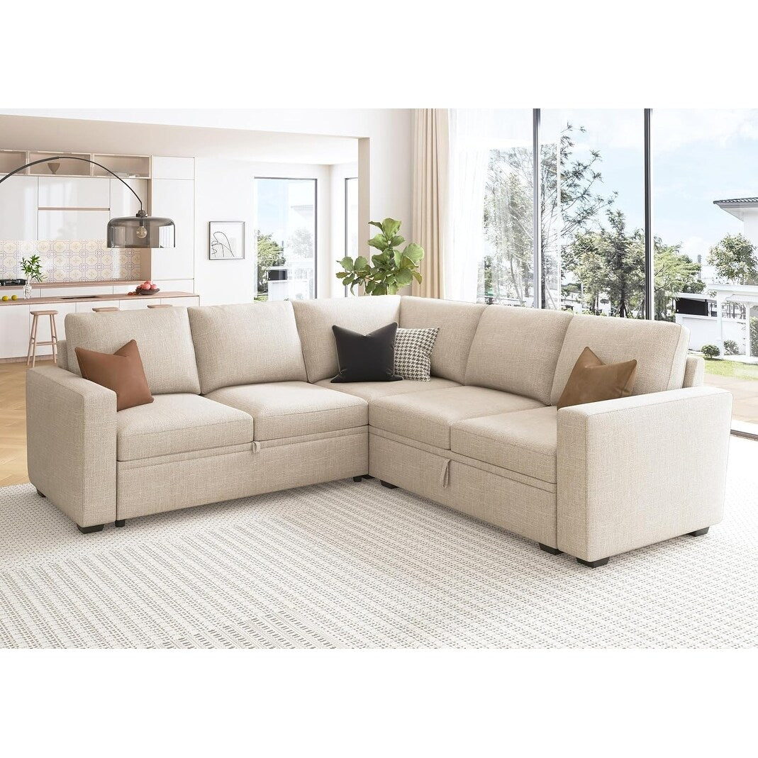 L-Shaped Modular Sleeper Sofa with Pull-Out Bed & Storage Seat - Convertible Sectional Couch for Living Room