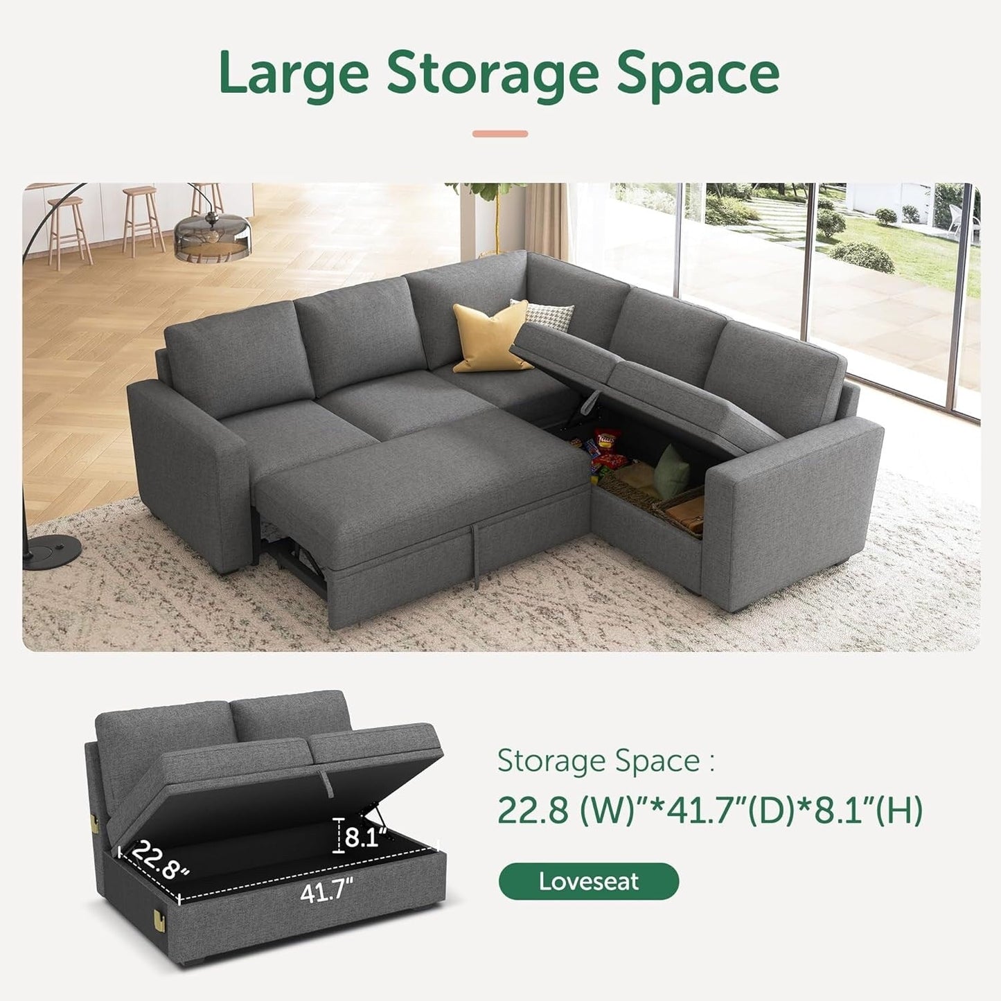 L-Shaped Modular Sleeper Sofa with Pull-Out Bed & Storage Seat - Convertible Sectional Couch for Living Room