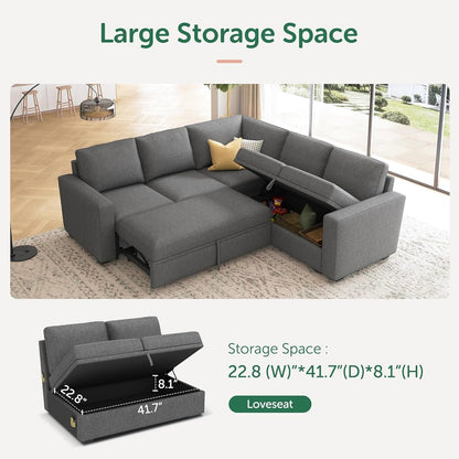 L-Shaped Modular Sleeper Sofa with Pull-Out Bed & Storage Seat - Convertible Sectional Couch for Living Room