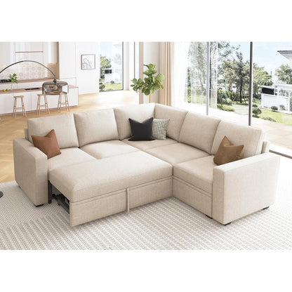L-Shaped Modular Sleeper Sofa with Pull-Out Bed & Storage Seat - Convertible Sectional Couch for Living Room
