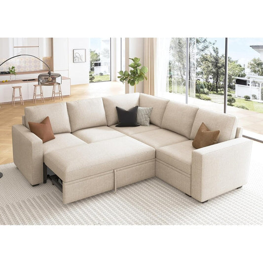 L-Shaped Modular Sleeper Sofa with Pull-Out Bed & Storage Seat - Convertible Sectional Couch for Living Room