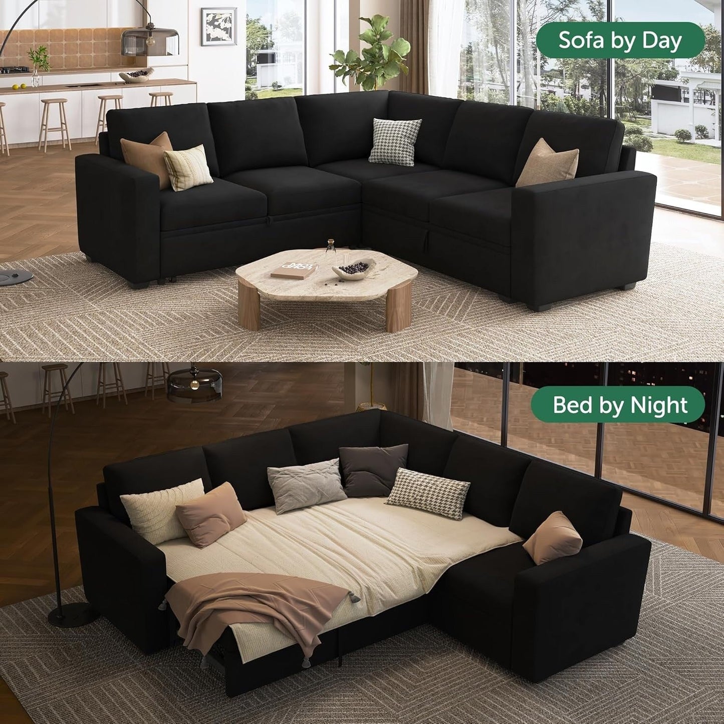 L-Shaped Modular Sleeper Sofa with Pull-Out Bed & Storage Seat - Convertible Sectional Couch for Living Room