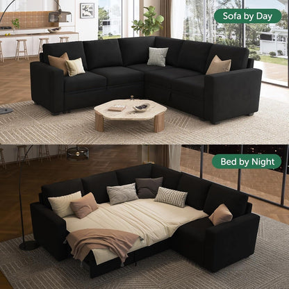 L-Shaped Modular Sleeper Sofa with Pull-Out Bed & Storage Seat - Convertible Sectional Couch for Living Room