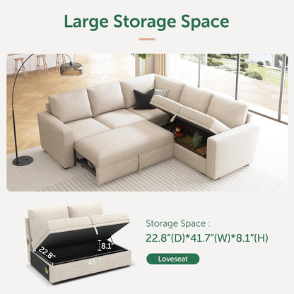 L-Shaped Modular Sleeper Sofa with Pull-Out Bed & Storage Seat - Convertible Sectional Couch for Living Room