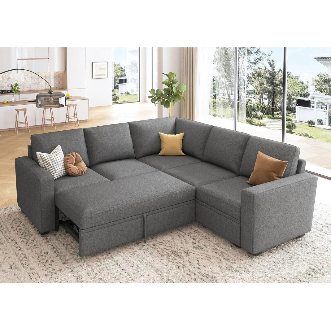 L-Shaped Modular Sleeper Sofa with Pull-Out Bed & Storage Seat - Convertible Sectional Couch for Living Room