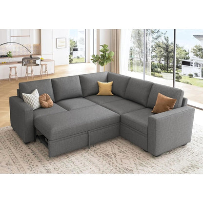 L-Shaped Modular Sleeper Sofa with Pull-Out Bed & Storage Seat - Convertible Sectional Couch for Living Room
