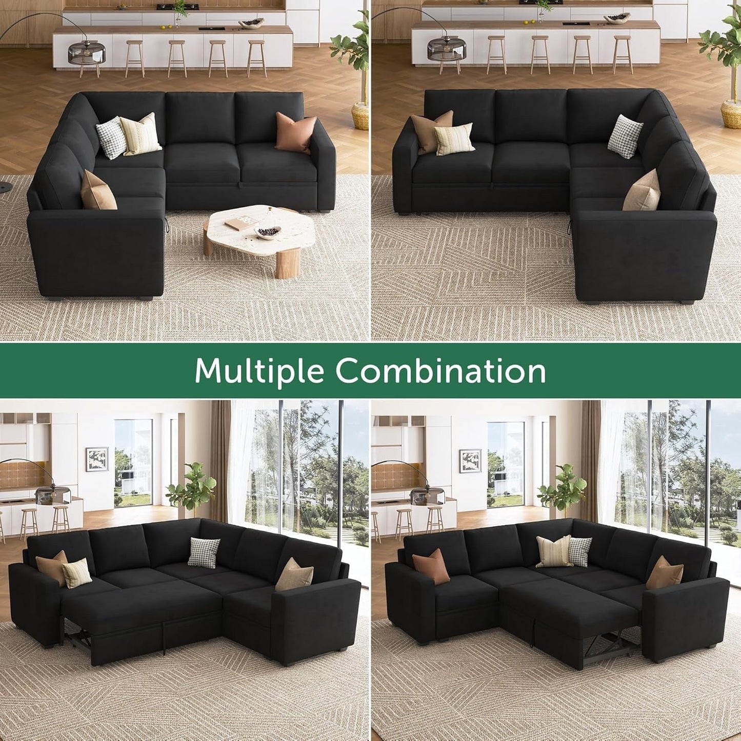 L-Shaped Modular Sleeper Sofa with Pull-Out Bed & Storage Seat - Convertible Sectional Couch for Living Room