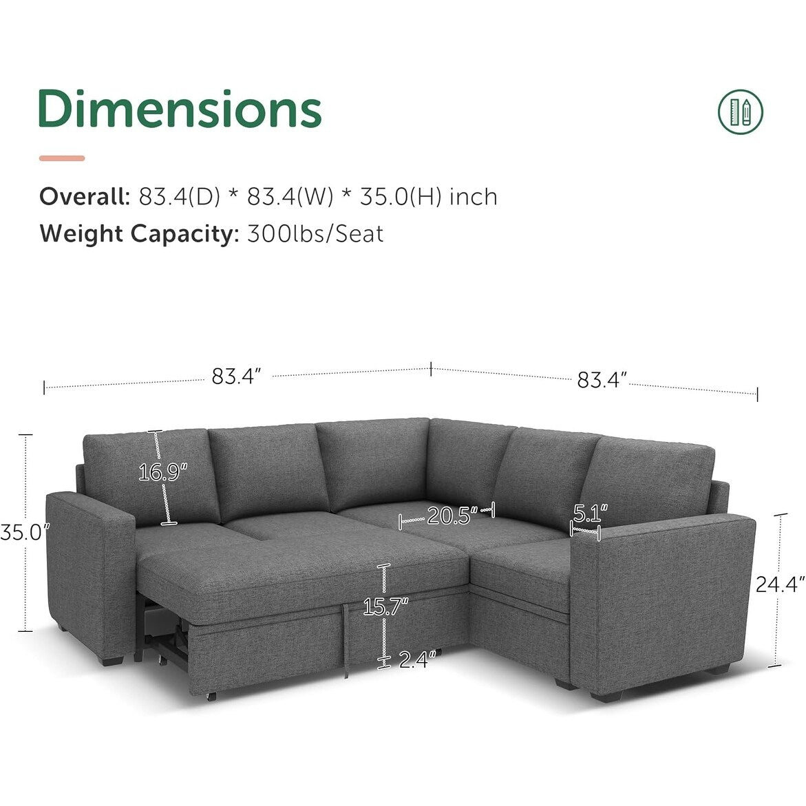 L-Shaped Modular Sleeper Sofa with Pull-Out Bed & Storage Seat - Convertible Sectional Couch for Living Room