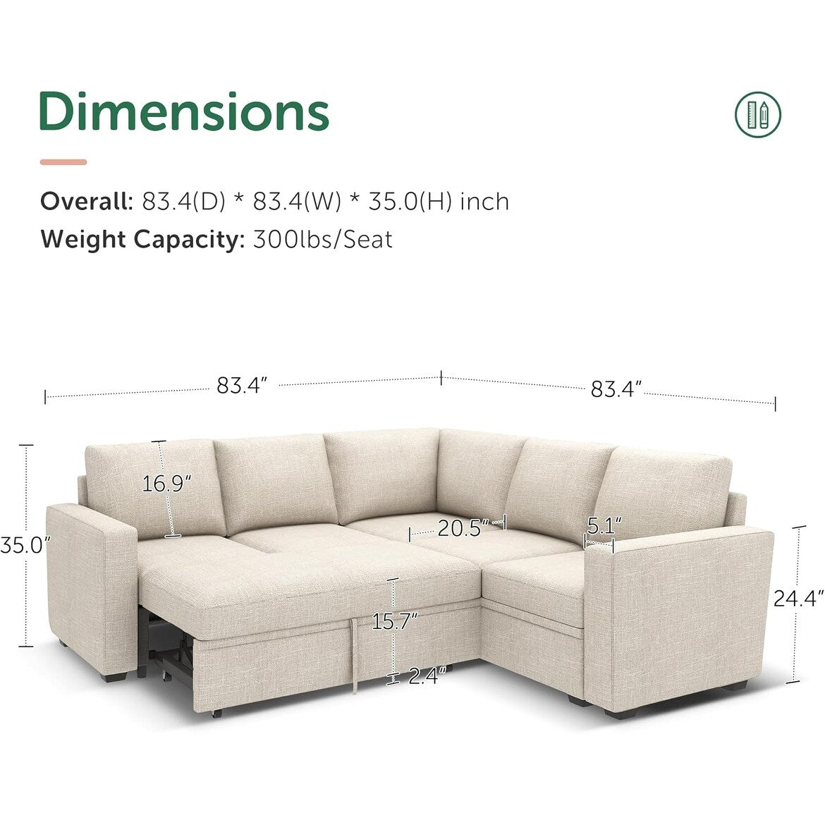 L-Shaped Modular Sleeper Sofa with Pull-Out Bed & Storage Seat - Convertible Sectional Couch for Living Room