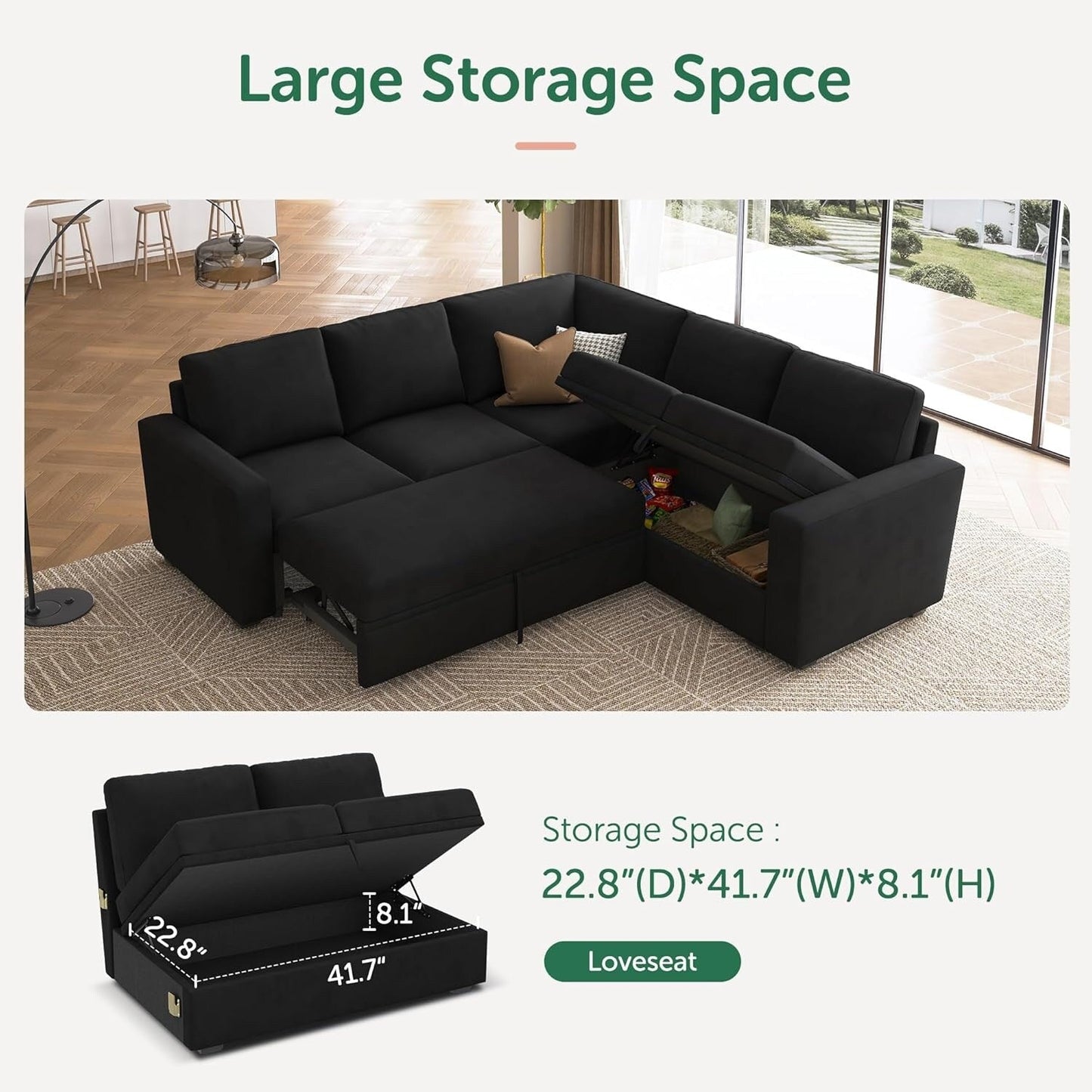 L-Shaped Modular Sleeper Sofa with Pull-Out Bed & Storage Seat - Convertible Sectional Couch for Living Room