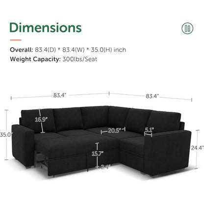 L-Shaped Modular Sleeper Sofa with Pull-Out Bed & Storage Seat - Convertible Sectional Couch for Living Room