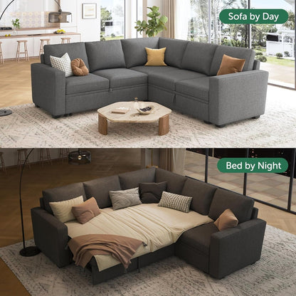 L-Shaped Modular Sleeper Sofa with Pull-Out Bed & Storage Seat - Convertible Sectional Couch for Living Room