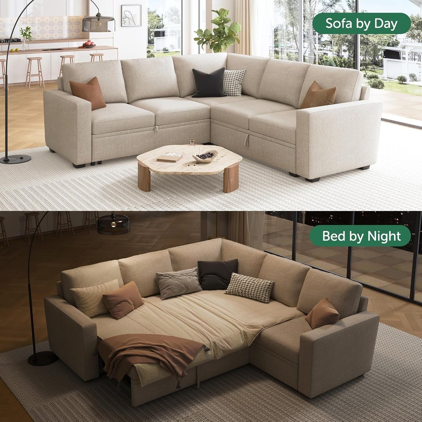 L-Shaped Modular Sleeper Sofa with Pull-Out Bed & Storage Seat - Convertible Sectional Couch for Living Room