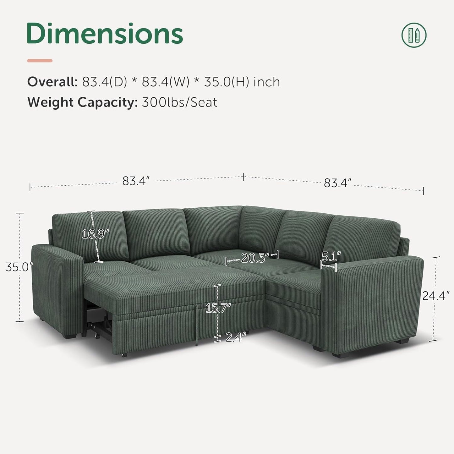L-Shaped Sectional Sleeper Sofa with Pull Out Bed - Corduroy Modular Couch with Storage for Living Room, Green