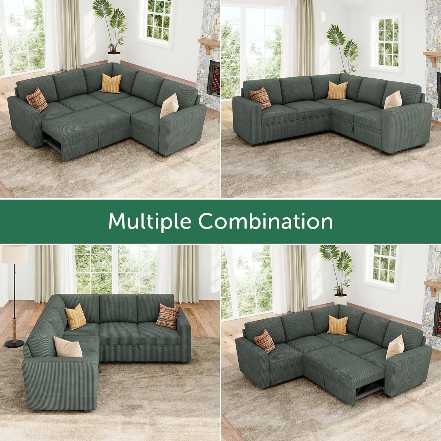 L-Shaped Sectional Sleeper Sofa with Pull Out Bed - Corduroy Modular Couch with Storage for Living Room, Green