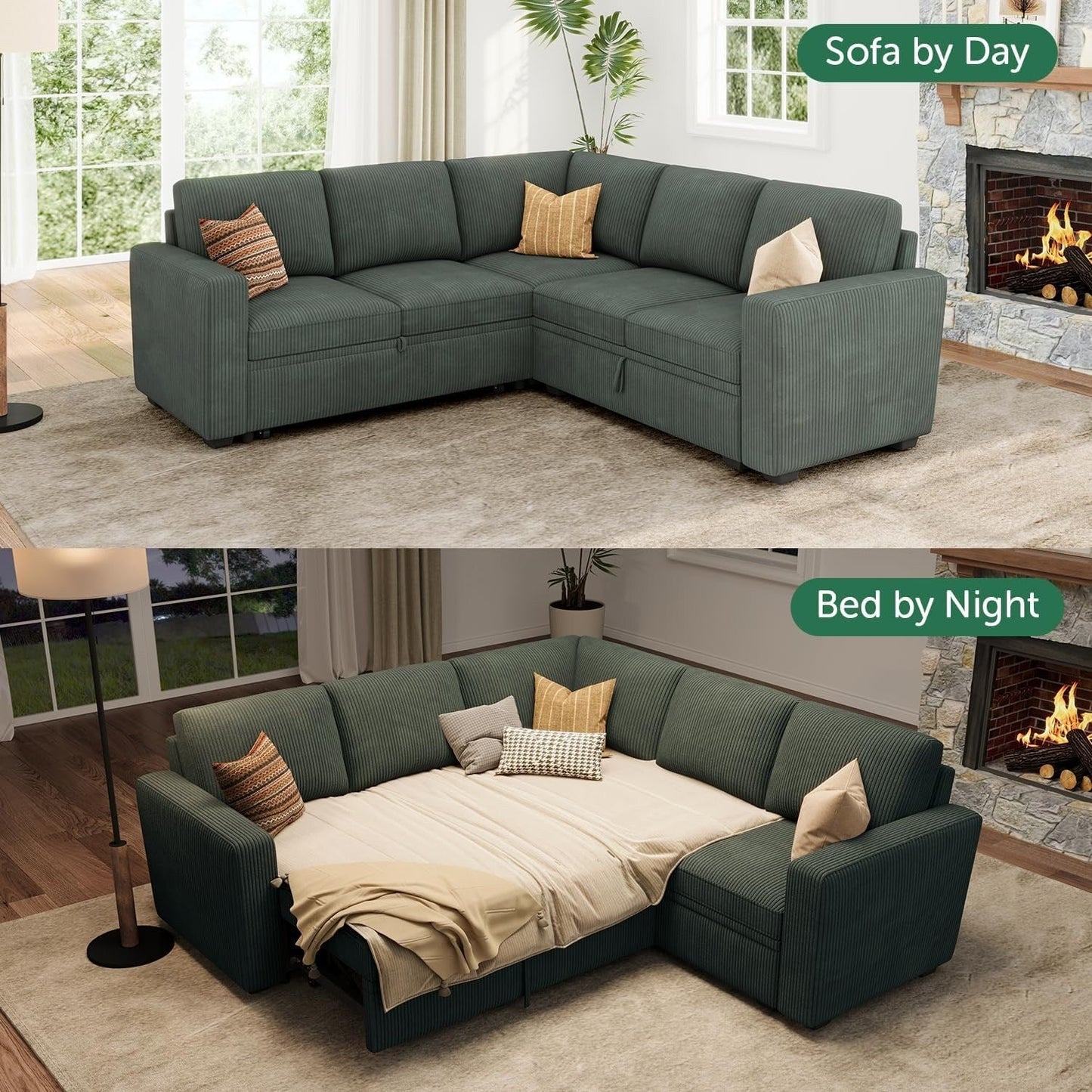 L-Shaped Sectional Sleeper Sofa with Pull Out Bed - Corduroy Modular Couch with Storage for Living Room, Green