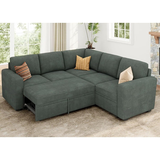 L-Shaped Sectional Sleeper Sofa with Pull Out Bed - Corduroy Modular Couch with Storage for Living Room, Green