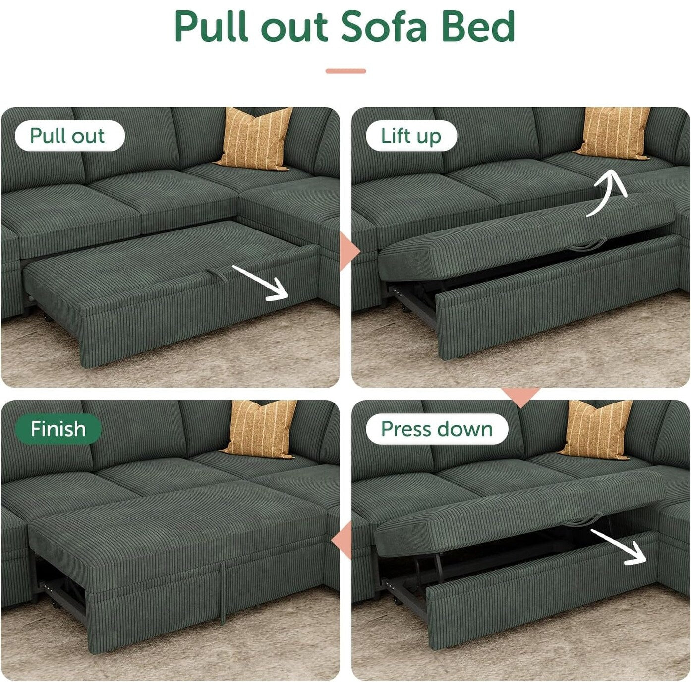 L-Shaped Sectional Sleeper Sofa with Pull Out Bed - Corduroy Modular Couch with Storage for Living Room, Green
