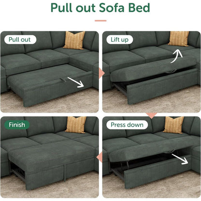 L-Shaped Sectional Sleeper Sofa with Pull Out Bed - Corduroy Modular Couch with Storage for Living Room, Green