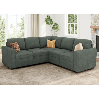 L-Shaped Sectional Sleeper Sofa with Pull Out Bed - Corduroy Modular Couch with Storage for Living Room, Green