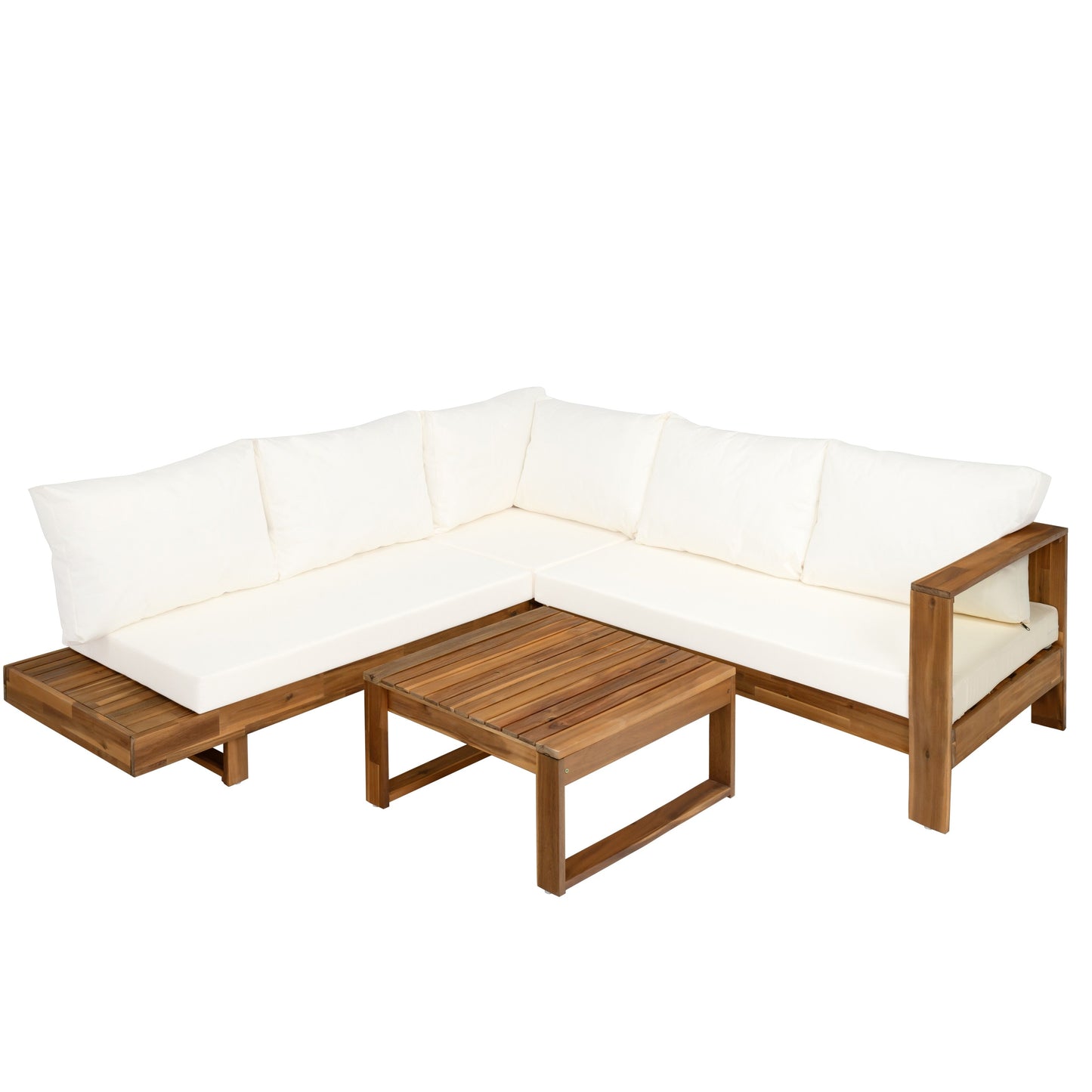 L-shape Sectional Sofa Set Patio Couch Set with Table, Wooden Lounge Chaise Sofa Outdoor 4-piece Conversation Sets