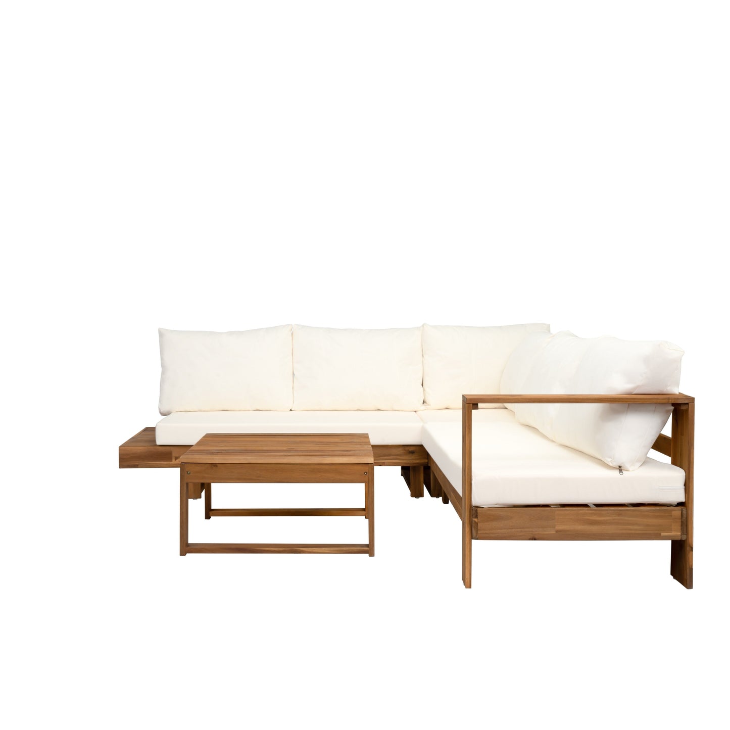 L-shape Sectional Sofa Set Patio Couch Set with Table, Wooden Lounge Chaise Sofa Outdoor 4-piece Conversation Sets