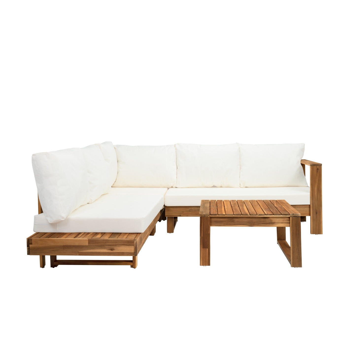 L-shape Sectional Sofa Set Patio Couch Set with Table, Wooden Lounge Chaise Sofa Outdoor 4-piece Conversation Sets