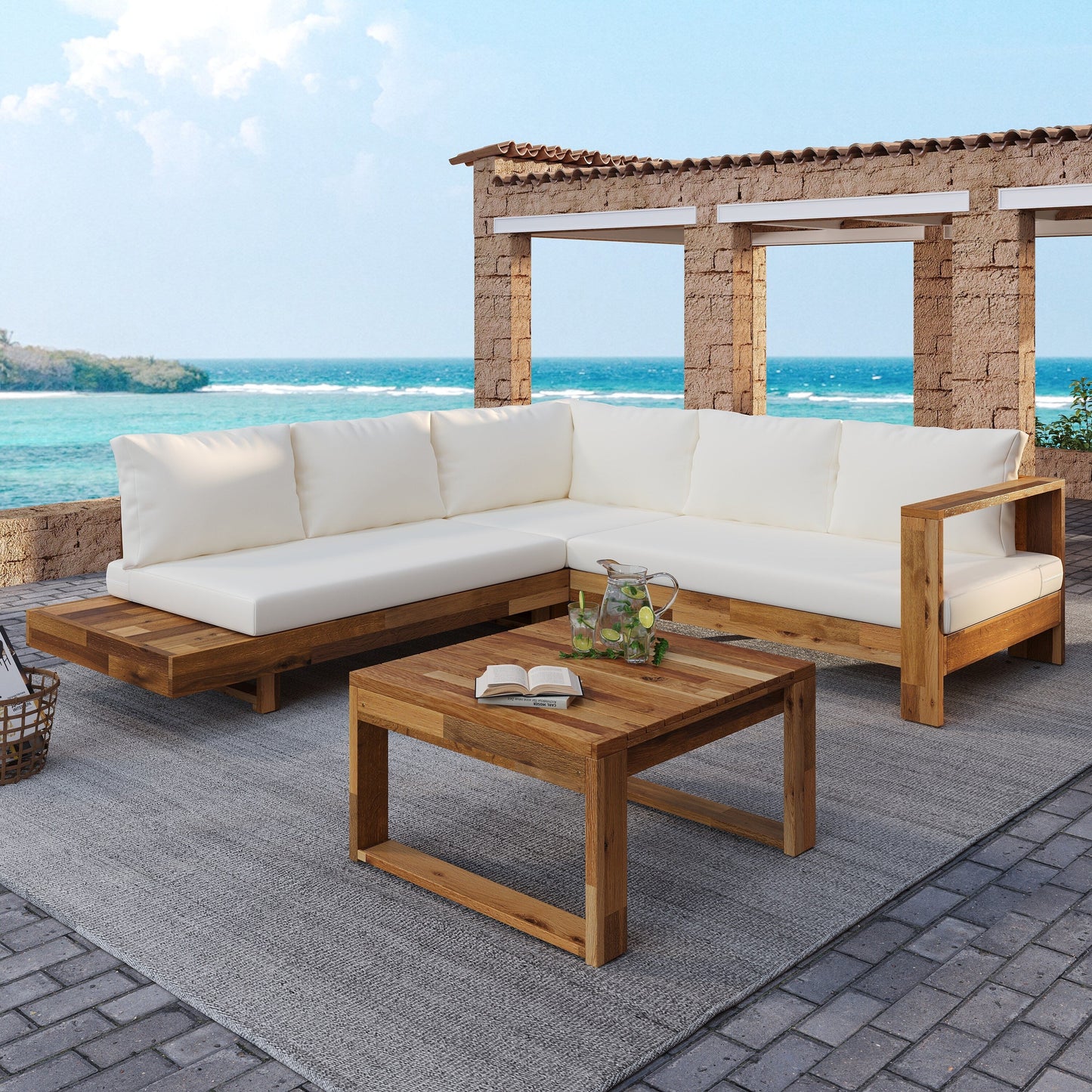 L-shape Sectional Sofa Set Patio Couch Set with Table, Wooden Lounge Chaise Sofa Outdoor 4-piece Conversation Sets