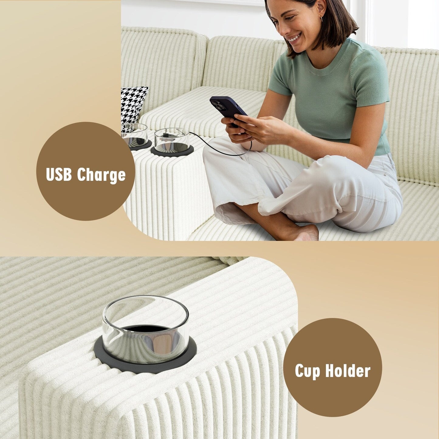 L-shaped 6-seater corduroy sofa, large storage armrests with center console, USB charging, left and right seats can be switched
