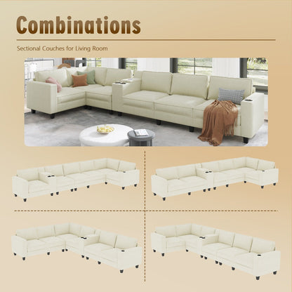 L-shaped 6-seater corduroy sofa, large storage armrests with center console, USB charging, left and right seats can be switched