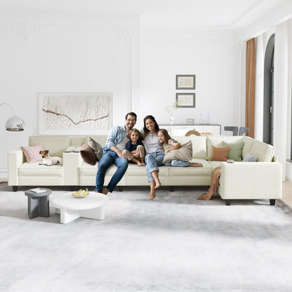L-shaped 6-seater corduroy sofa, large storage armrests with center console, USB charging, left and right seats can be switched