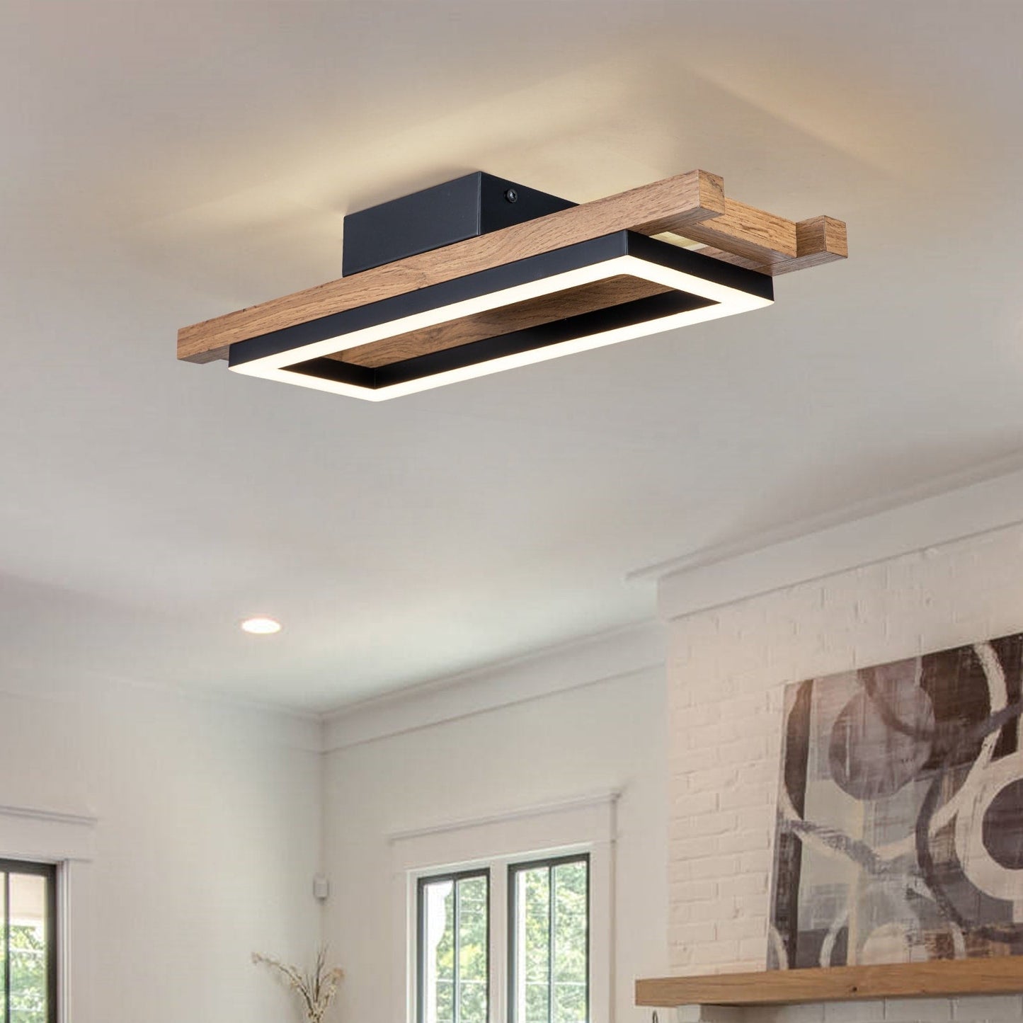 Integrated LED Rectangle Wood Semi Flush Mount Ceiling Light for Hallway Foyer