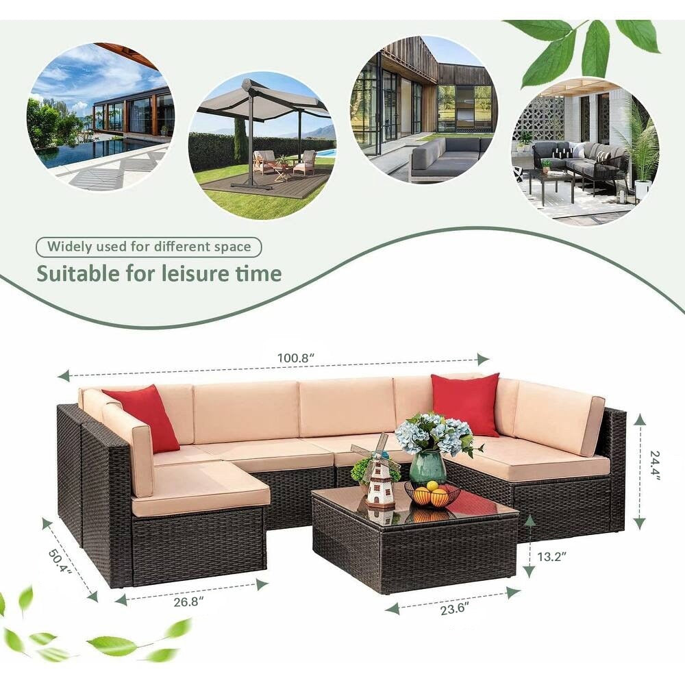 Lacoo 7 Pieces Outdoor Sectional Sofa Wicker Rattan Conversation Sets