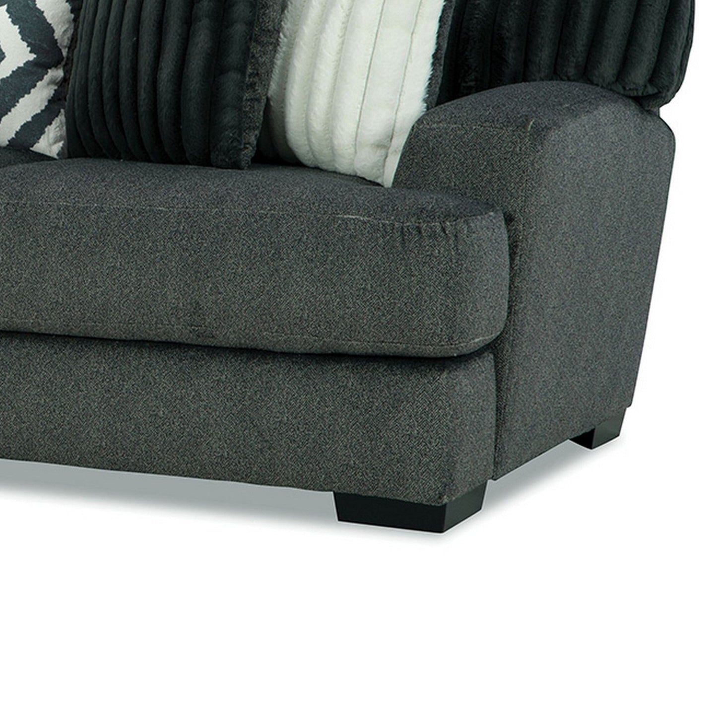 Laila Sofa, 5 Accent Pillows, 98 Inch Solid Wood, Dark Gray Chenille