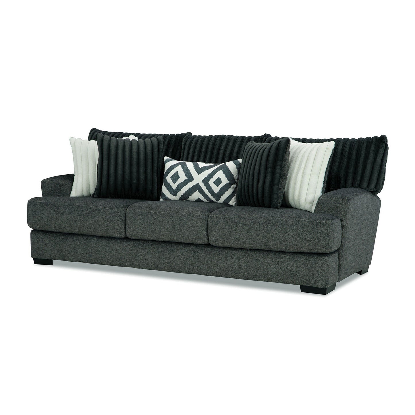 Laila Sofa, 5 Accent Pillows, 98 Inch Solid Wood, Dark Gray Chenille