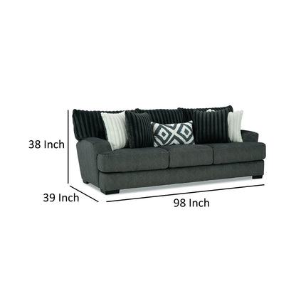 Laila Sofa, 5 Accent Pillows, 98 Inch Solid Wood, Dark Gray Chenille
