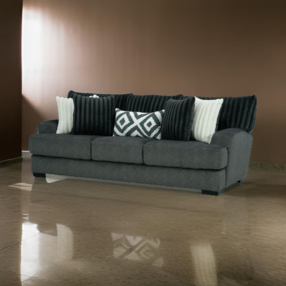 Laila Sofa, 5 Accent Pillows, 98 Inch Solid Wood, Dark Gray Chenille