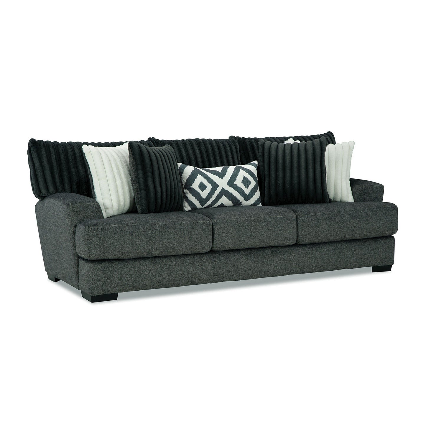 Laila Sofa, 5 Accent Pillows, 98 Inch Solid Wood, Dark Gray Chenille