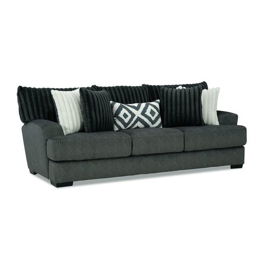 Laila Sofa, 5 Accent Pillows, 98 Inch Solid Wood, Dark Gray Chenille