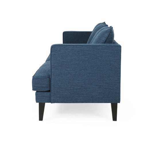 Lara Sofa, 4 Throw Pillows, Blue Polyester Upholstery, Black Wood, 86 Inch