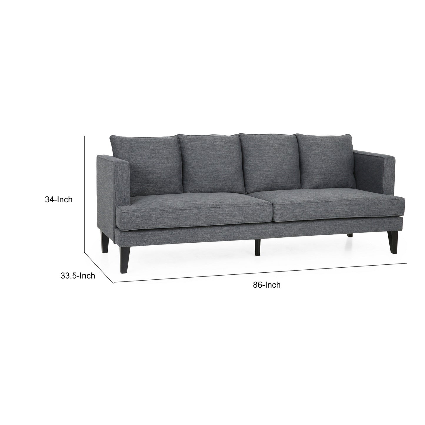 Lara Sofa, 4 Throw Pillows, Gray Polyester Upholstery, Black Wood, 86 Inch