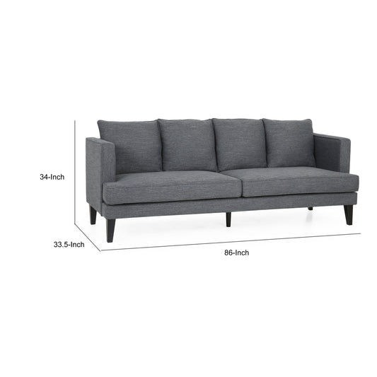 Lara Sofa, 4 Throw Pillows, Gray Polyester Upholstery, Black Wood, 86 Inch